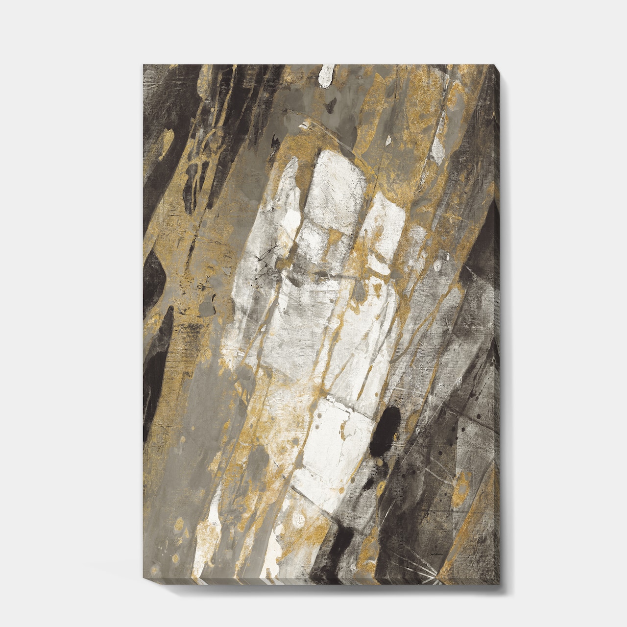 Designart - Gold, Black and White Hanpainted Abstract - Traditional Canvas Artwork